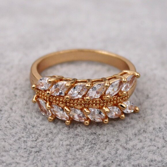 18K Yellow Gold Filled Long Leaf Diamond Zircon Ring Gorgeous Party Gift - Picture 2 of 6